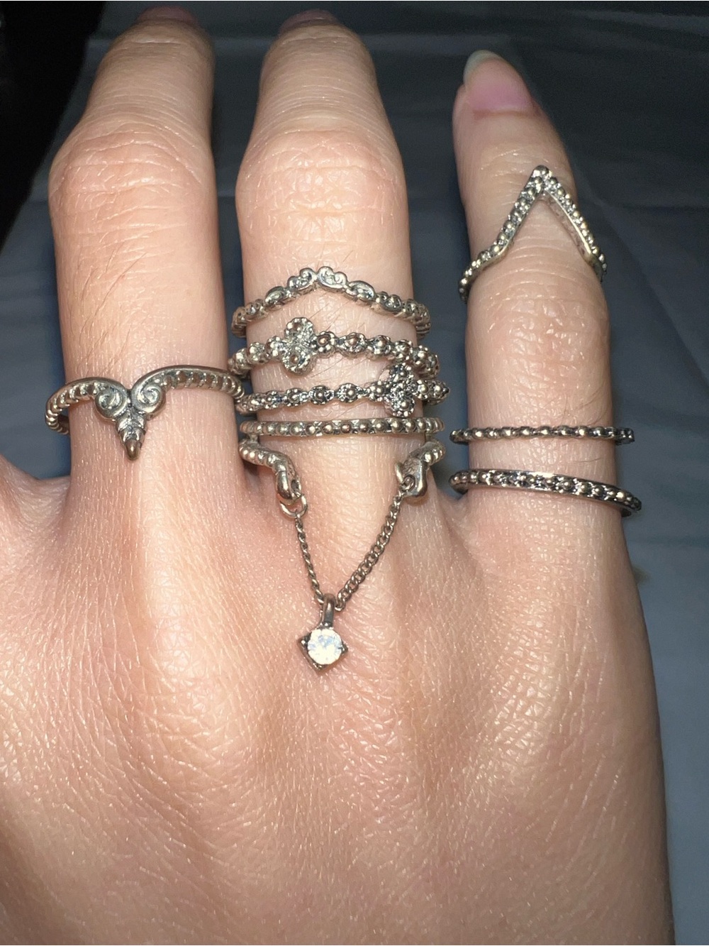 8 Piece Set - Delicate Silver-Tone Stackable Rings with Chain Accent